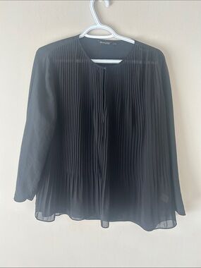 Massimo Dutti Silk Black Pleated Long-Sleeve Blouse